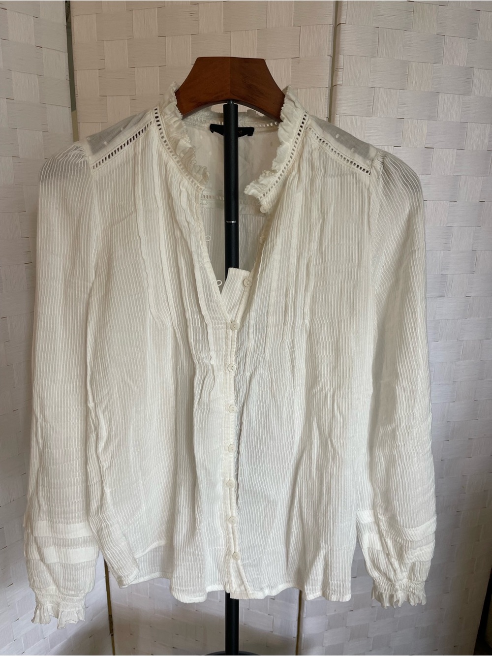 Quince Cream Ruffled Pintuck Button-Front Blouse